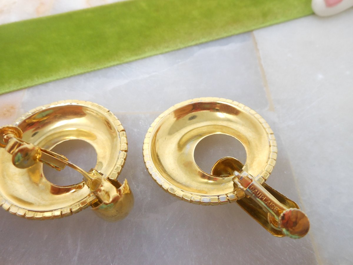 Vintage DAUPLAISE Huge Earrings Clip On Rhinestone Dangle Drop Door Knocker Designer Mid Century Jewelry Gift, VivianJoel.com