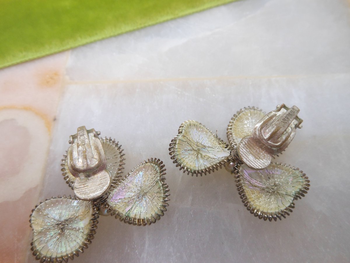 Vintage GERMANY Shamrock Clover Earrings Clip On Fine Tinsel Wire Pearl Jewelry Gift Mid Century, VivianJoel.com