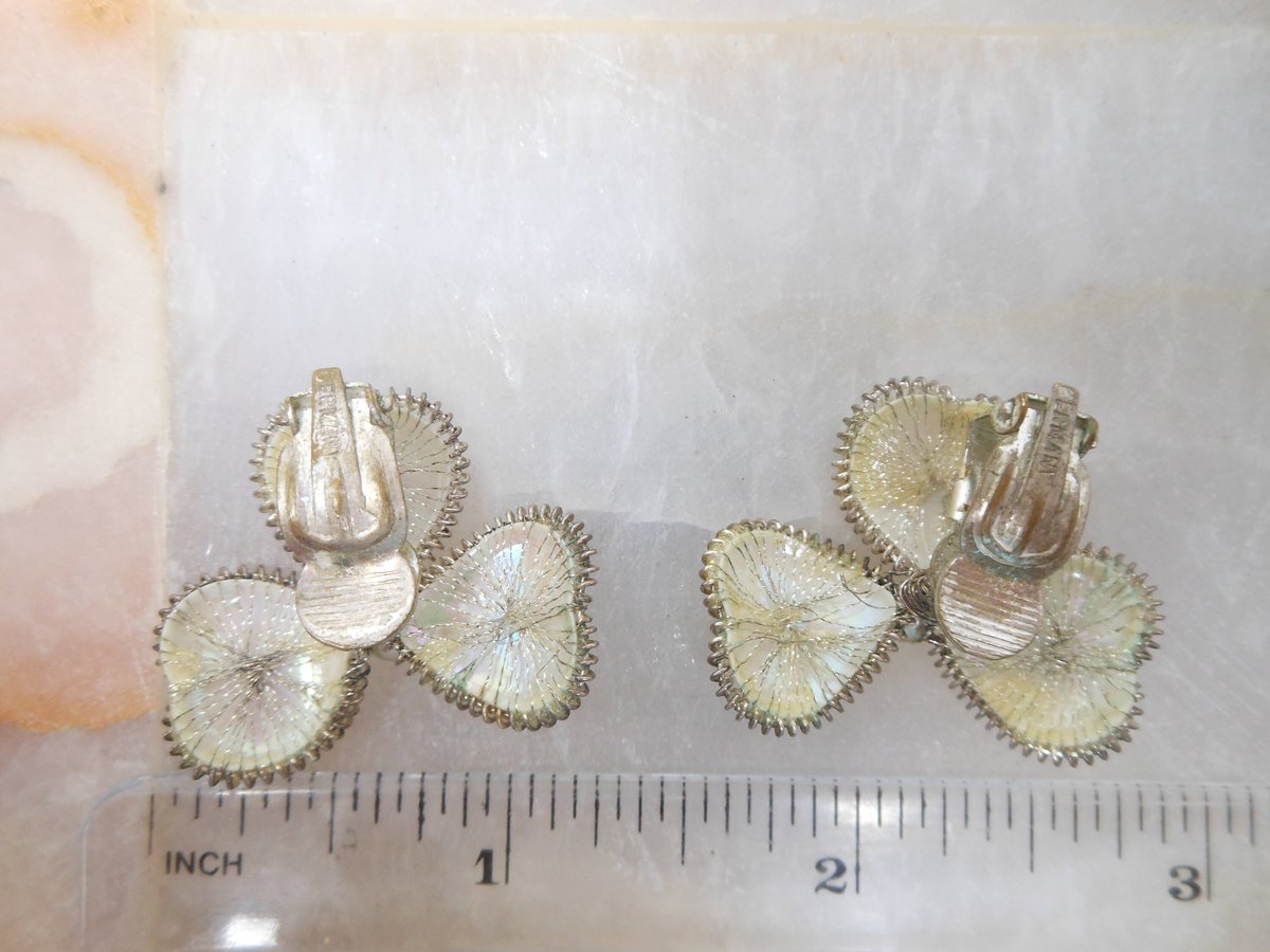 Vintage GERMANY Shamrock Clover Earrings Clip On Fine Tinsel Wire Pearl Jewelry Gift Mid Century, VivianJoel.com