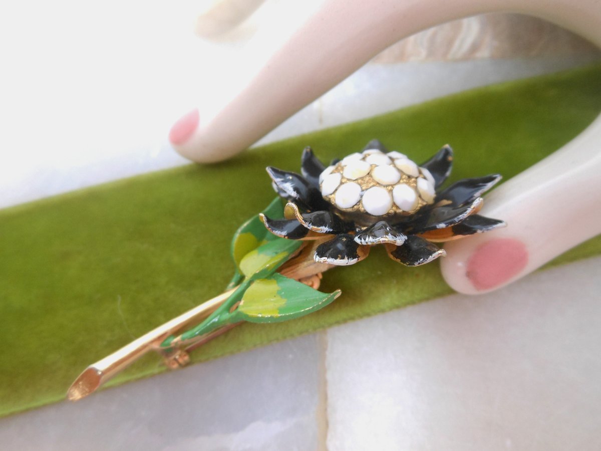 Vintage Black White Enamel Flower Pin Brooch Mod Daisy Mid Century Jewelry Gift, VivianJoel.com