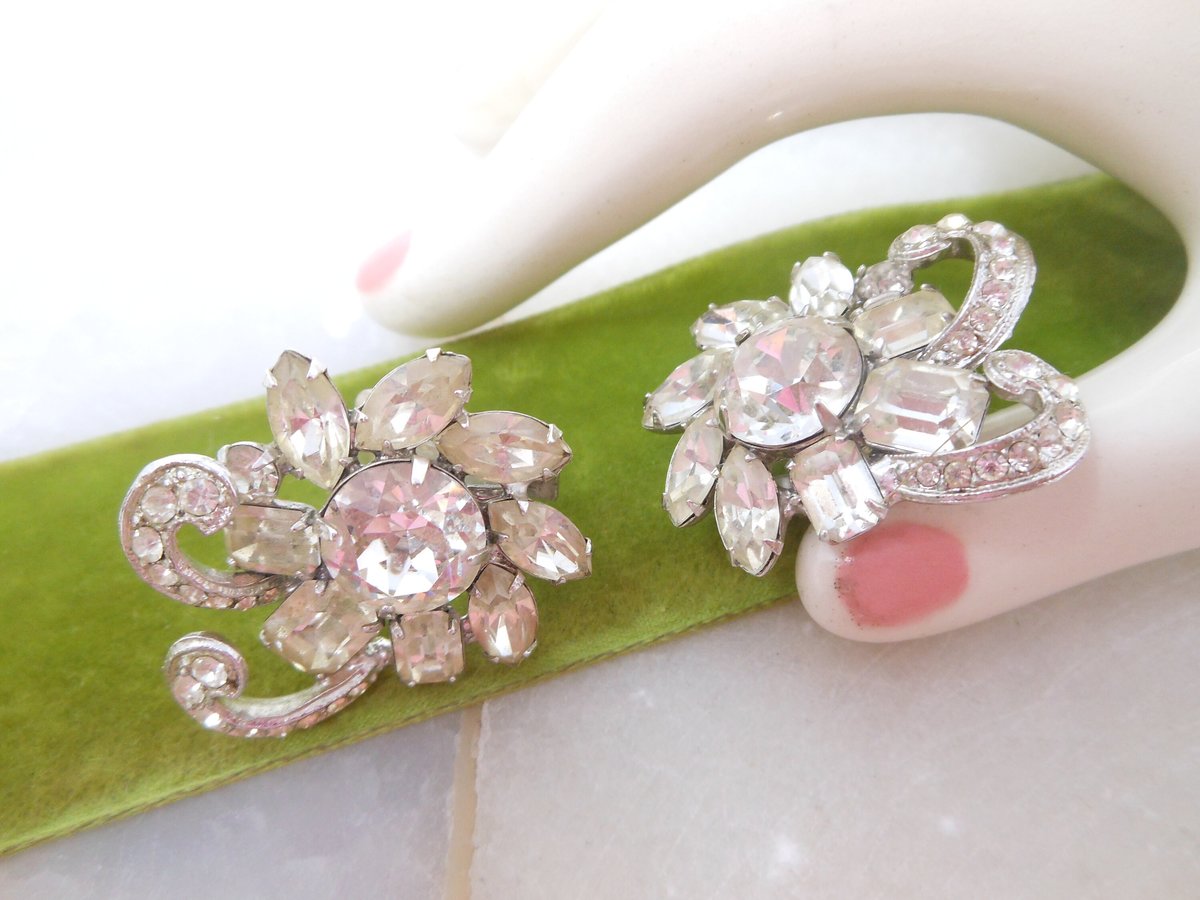 Vintage EISENBERG Earrings Rhinestone Crystal Clip On Flower Wedding Bride Designer Mid Century Jewelry Gift, VivianJoel.com