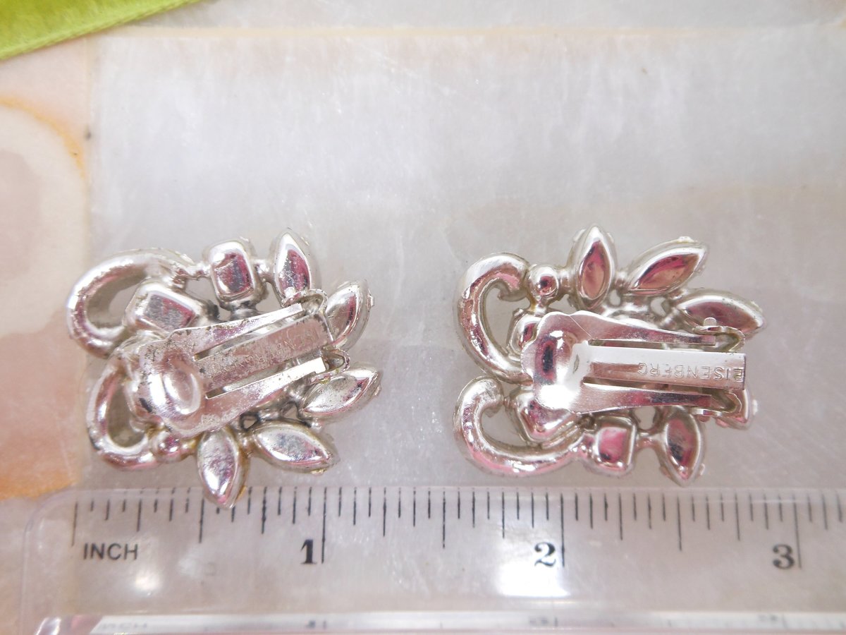 Vintage EISENBERG Earrings Rhinestone Crystal Clip On Flower Wedding Bride Designer Mid Century Jewelry Gift, VivianJoel.com