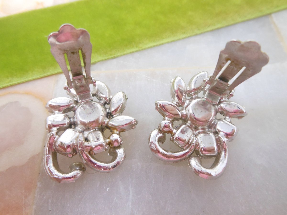 Vintage EISENBERG Earrings Rhinestone Crystal Clip On Flower Wedding Bride Designer Mid Century Jewelry Gift, VivianJoel.com