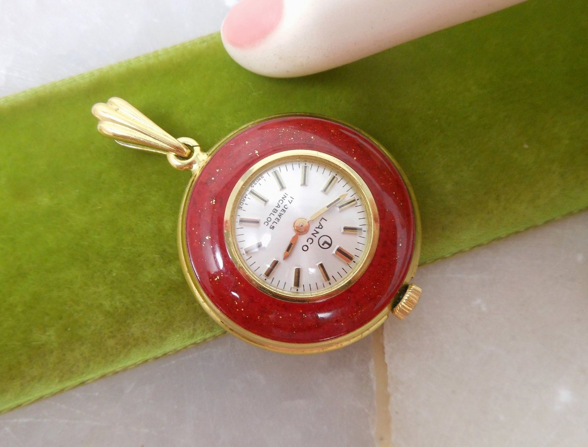 Vintage LANCO Watch Pendant Swiss Made 17 Jewels Enamel Wind Up Mid Century Designer Gift Jewelry, VivianJoel.com