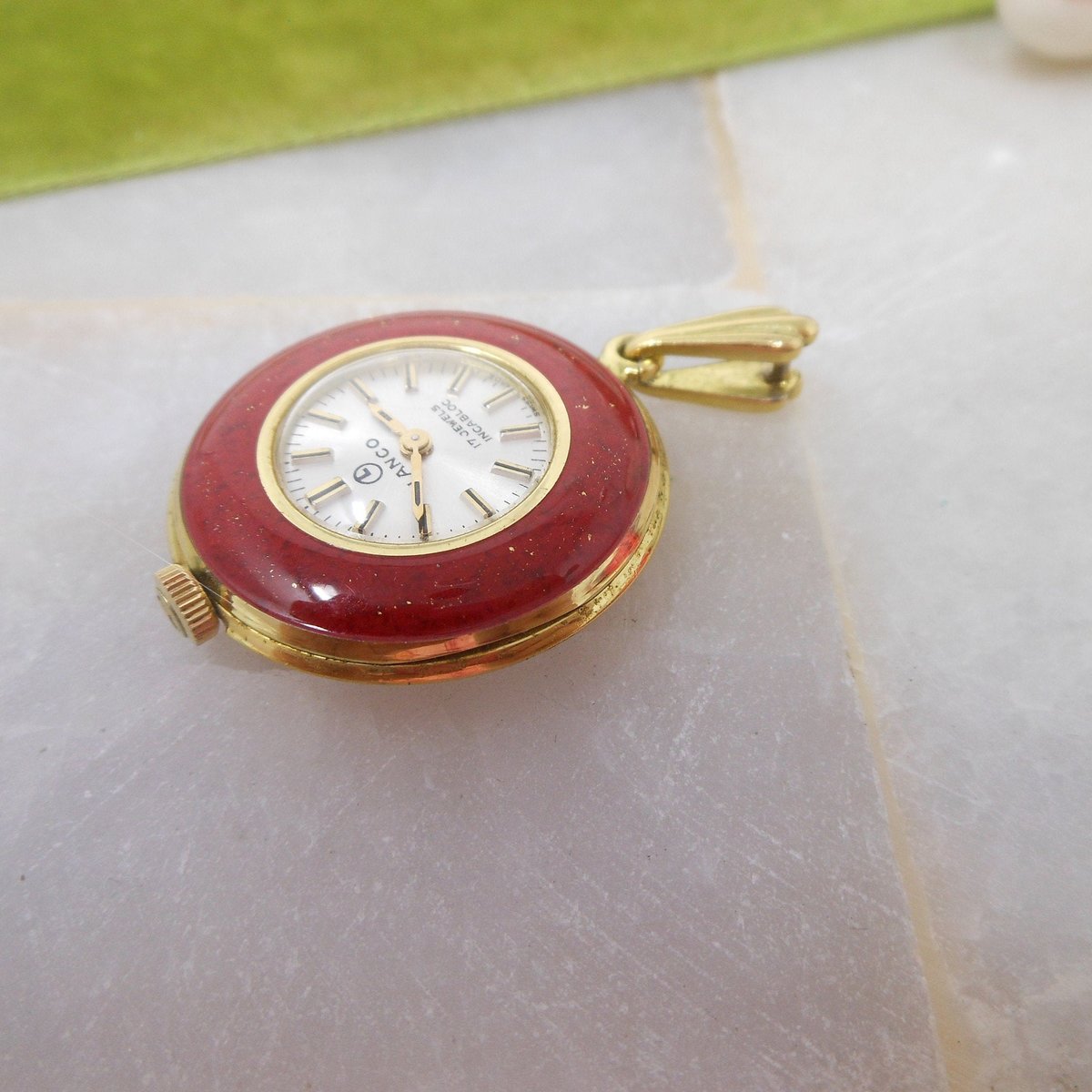 Vintage LANCO Watch Pendant Swiss Made 17 Jewels Enamel Wind Up Mid Century Designer Gift Jewelry, VivianJoel.com