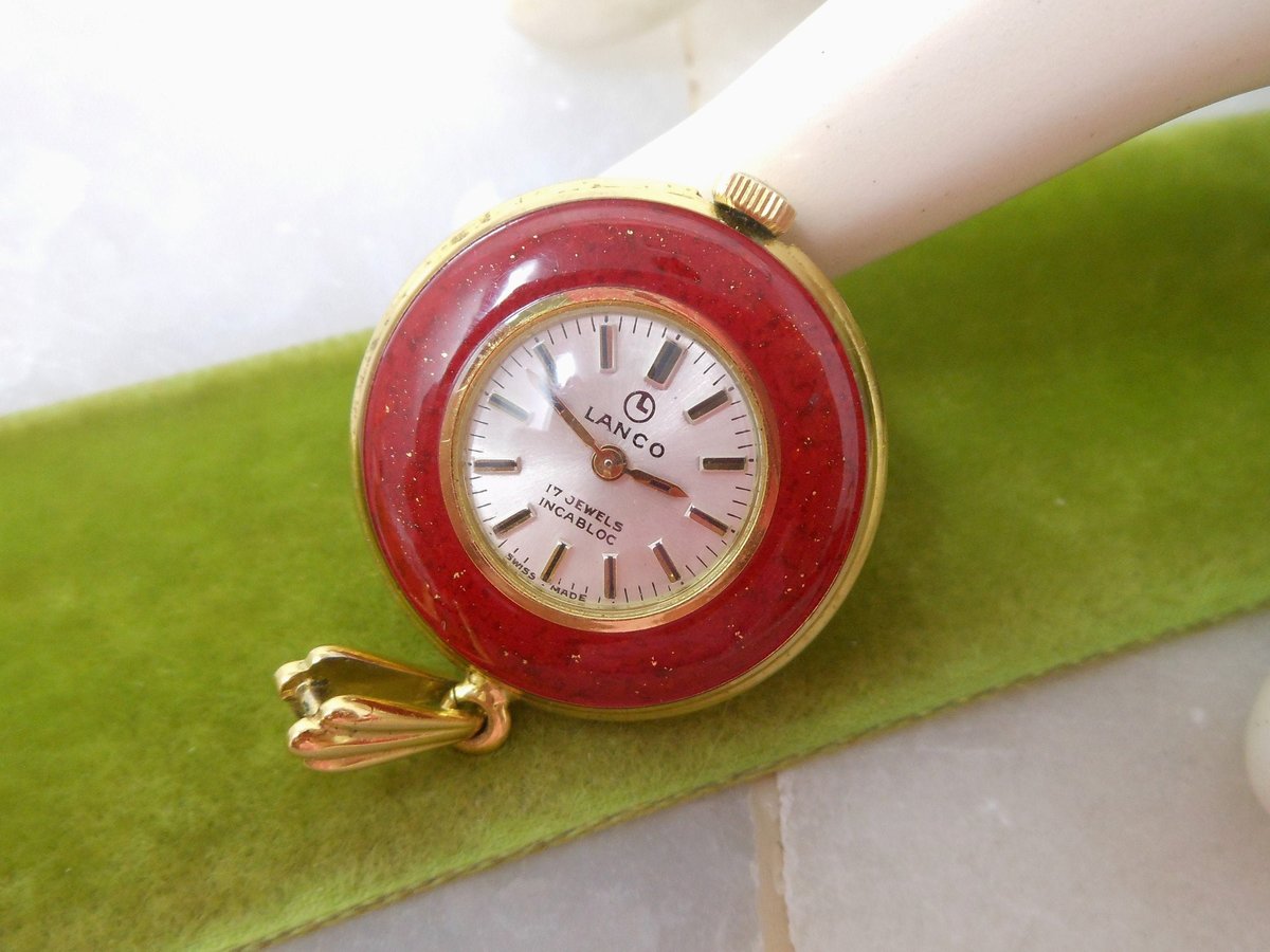Vintage LANCO Watch Pendant Swiss Made 17 Jewels Enamel Wind Up Mid Century Designer Gift Jewelry, VivianJoel.com