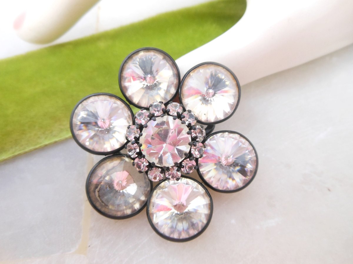 Vintage AUSTRIA Flower Pin Brooch Designer Crystal Rhinestone Mod Jewelry Gift Mid Century *as is*, VivianJoel.com