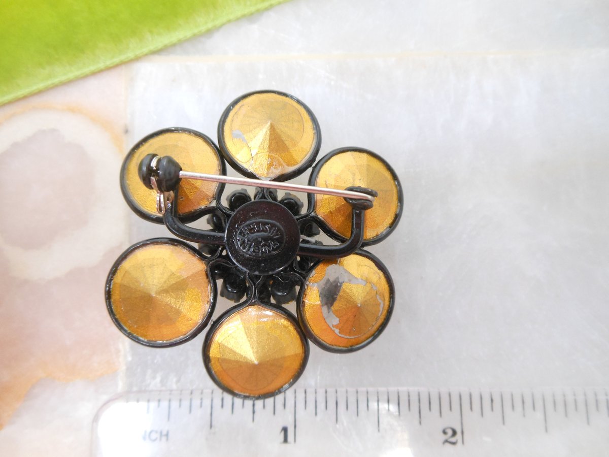 Vintage AUSTRIA Flower Pin Brooch Designer Crystal Rhinestone Mod Jewelry Gift Mid Century *as is*, VivianJoel.com