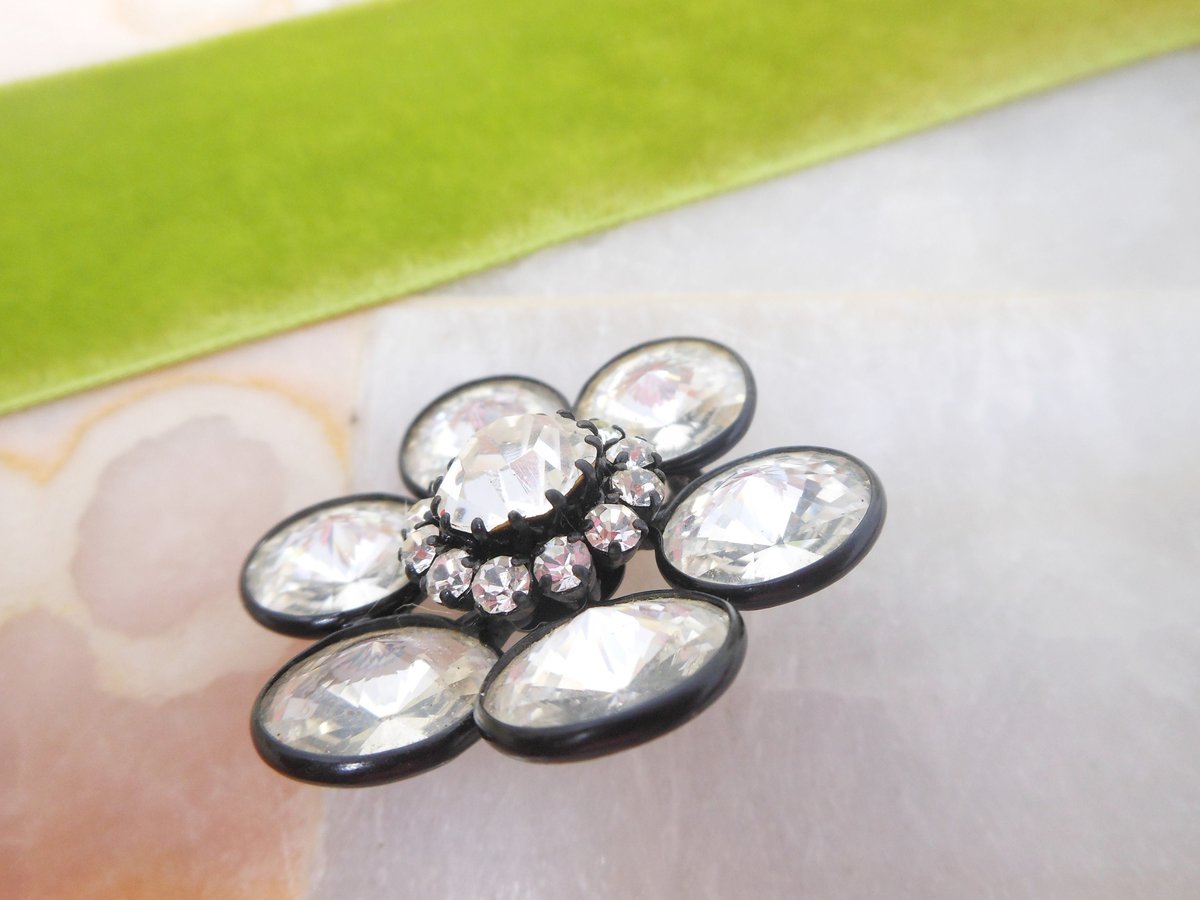 Vintage AUSTRIA Flower Pin Brooch Designer Crystal Rhinestone Mod Jewelry Gift Mid Century *as is*, VivianJoel.com