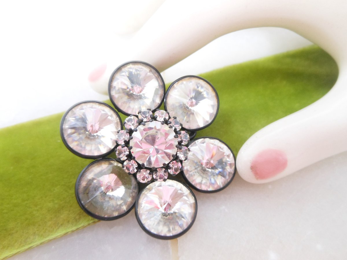 Vintage AUSTRIA Flower Pin Brooch Designer Crystal Rhinestone Mod Jewelry Gift Mid Century *as is*, VivianJoel.com