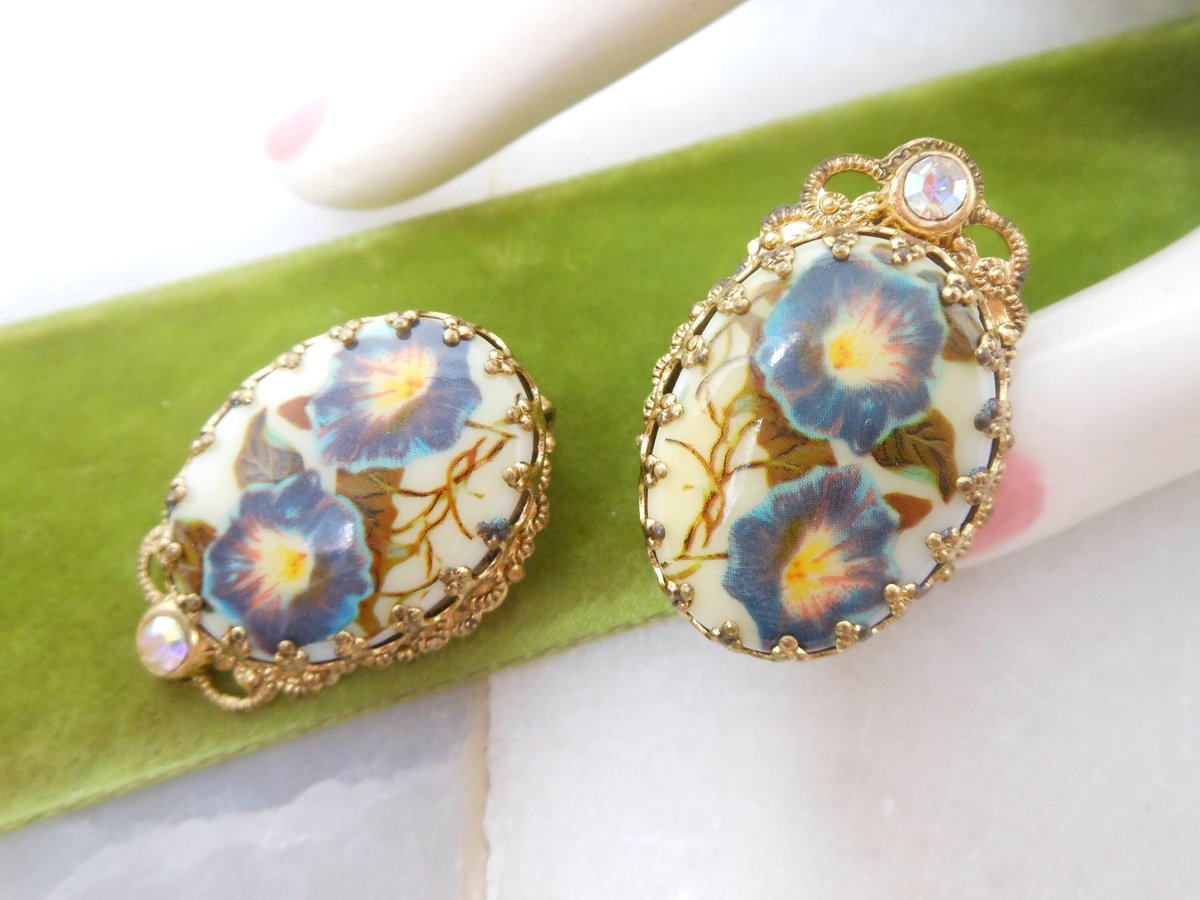 Vintage WEST GERMANY Blue Flower Rhinestone Earrings Victorian Revival Ornate Clip On Designer Mid Century Jewelry Gift, VivianJoel.com