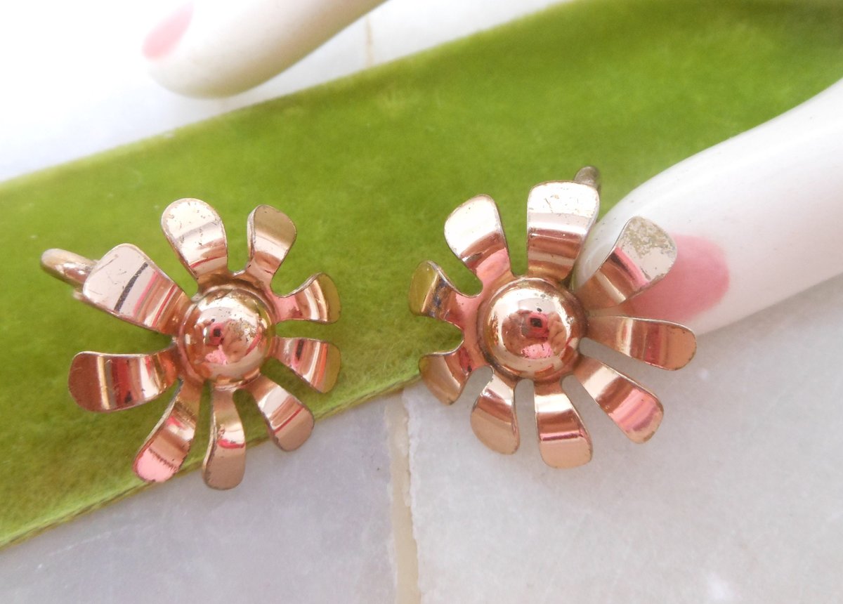 Vintage NAPIER Sterling Silver Earrings Mod Flower Clip On Copper Rose Gold Vermiel Designer Mid Century Jewelry Gift, VivianJoel.com