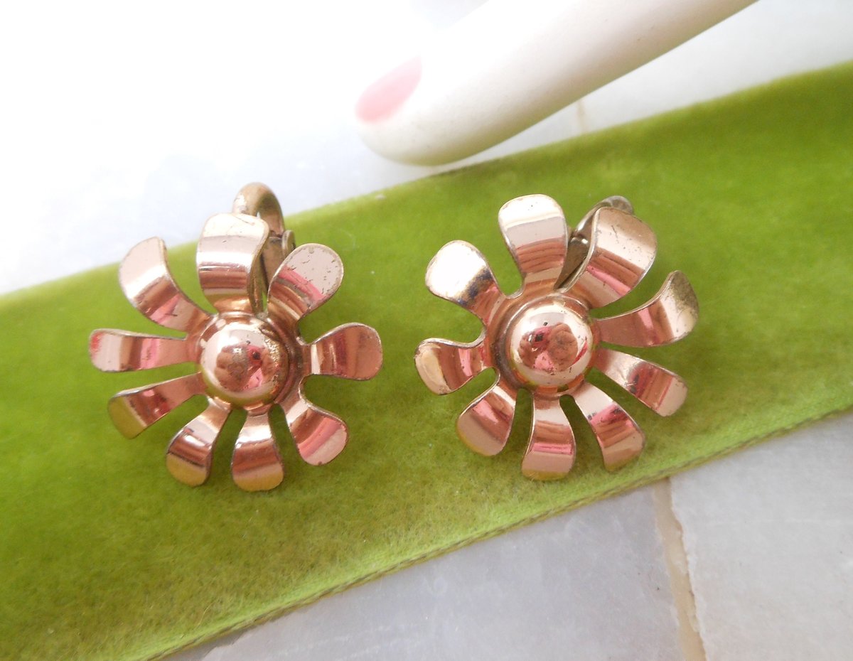 Vintage NAPIER Sterling Silver Earrings Mod Flower Clip On Copper Rose Gold Vermiel Designer Mid Century Jewelry Gift, VivianJoel.com