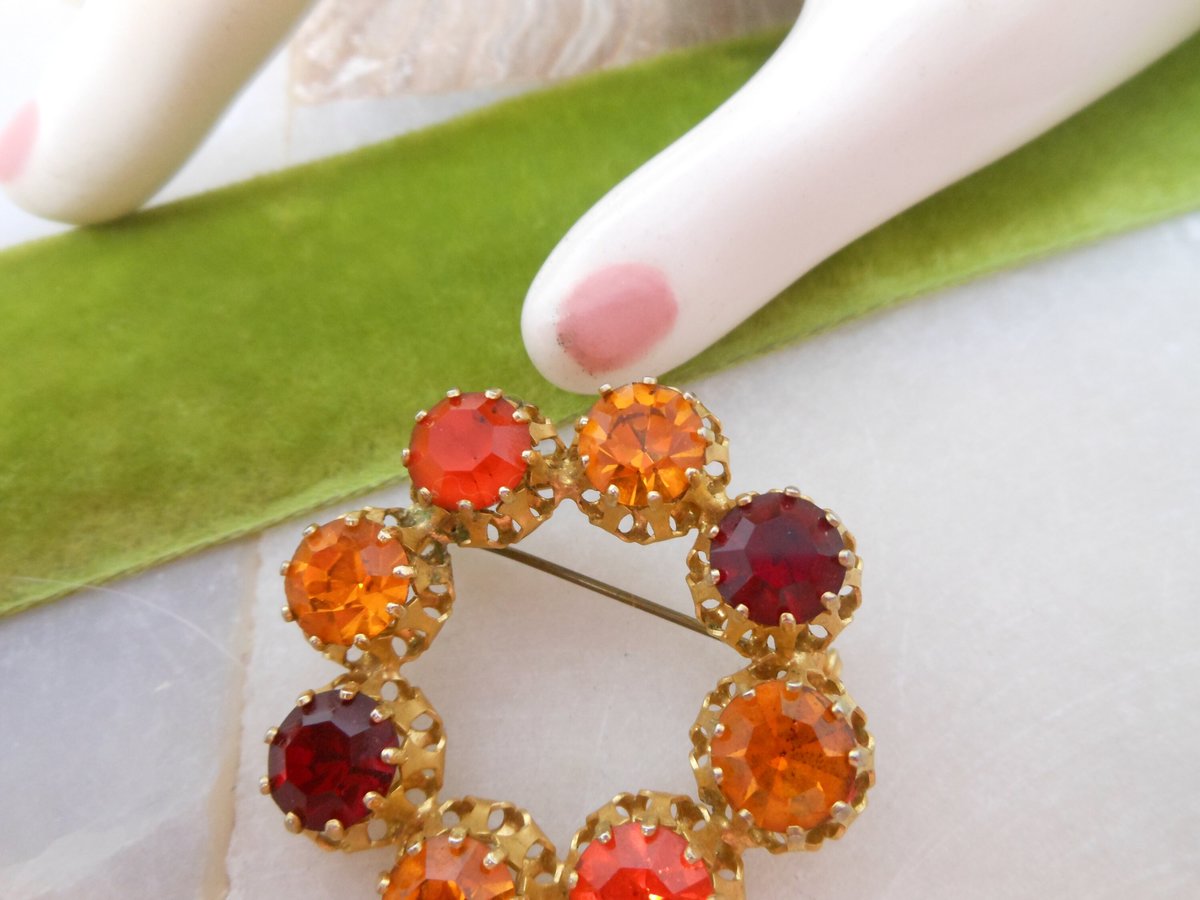Vintage AUSTRIA Crystal Wreath Designer Rhinestone Pin Brooch Red Orange Yellow Ornate Mid Century Jewelry Gift, VivianJoel.com