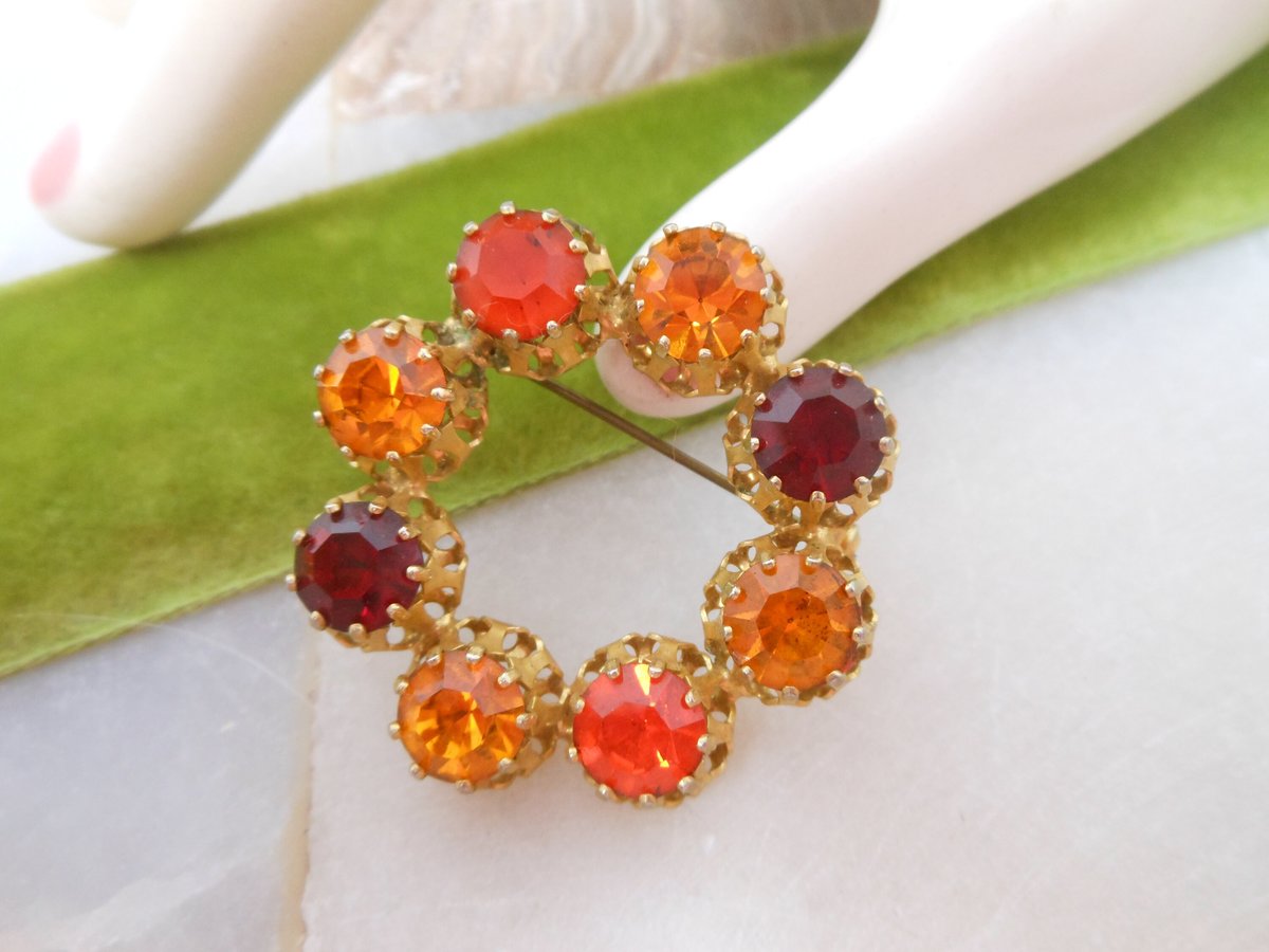 Vintage AUSTRIA Crystal Wreath Designer Rhinestone Pin Brooch Red Orange Yellow Ornate Mid Century Jewelry Gift, VivianJoel.com