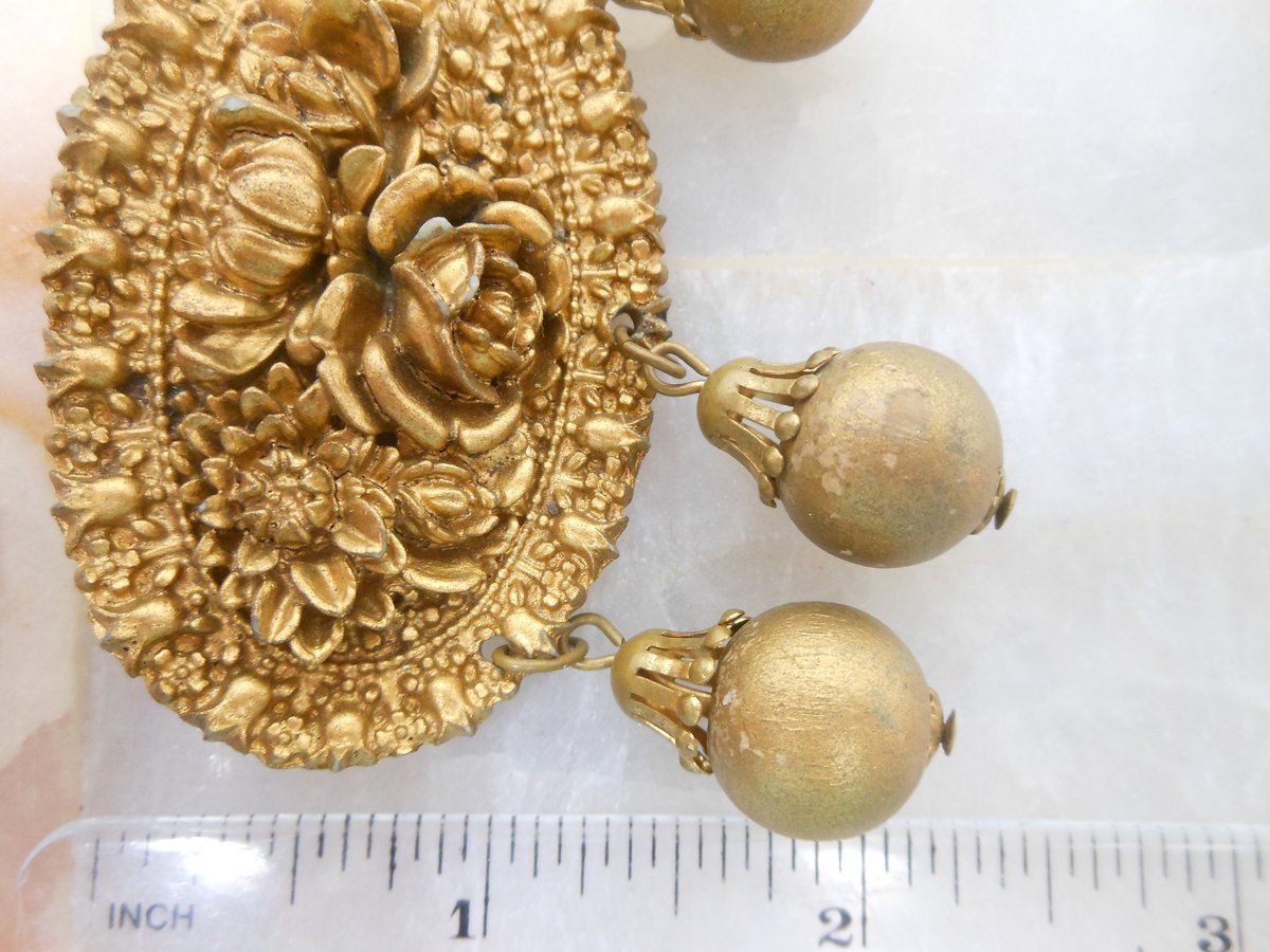 Vintage Flower Brooch Dangle Bead Pin Mid Century Metallic Plastic Resin Rose Victorian Revival Jewelry Gift, VivianJoel.com