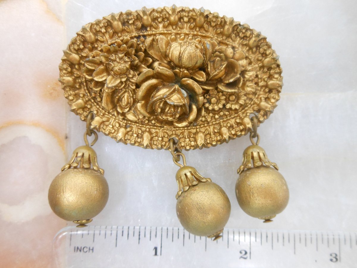 Vintage Flower Brooch Dangle Bead Pin Mid Century Metallic Plastic Resin Rose Victorian Revival Jewelry Gift, VivianJoel.com