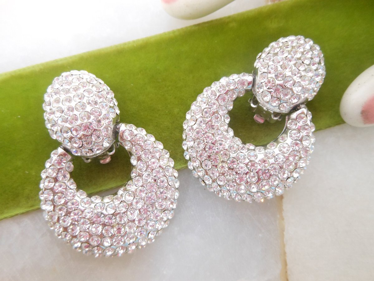 Vintage JARIN Designer Earrings Dangle Door Knocker Clip On Rhinestone Crystal Drop Couture Runway Statement Jewelry Gift, VivianJoel.com