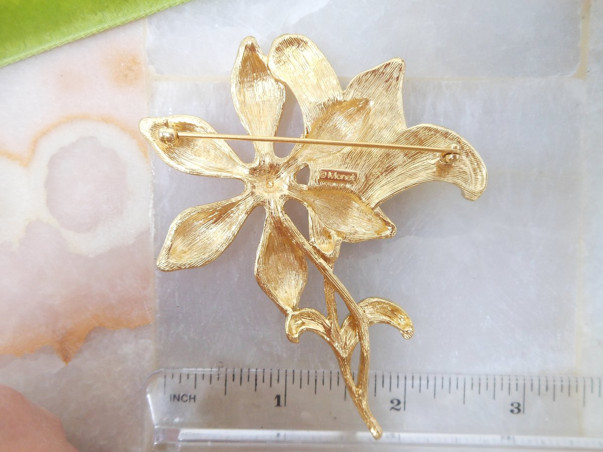 Vintage Huge MONET Mod Brooch Orange Flower Pin Gold Plate Enamel Daisy Designer Mid Century Jewelry Gift, VivianJoel.com