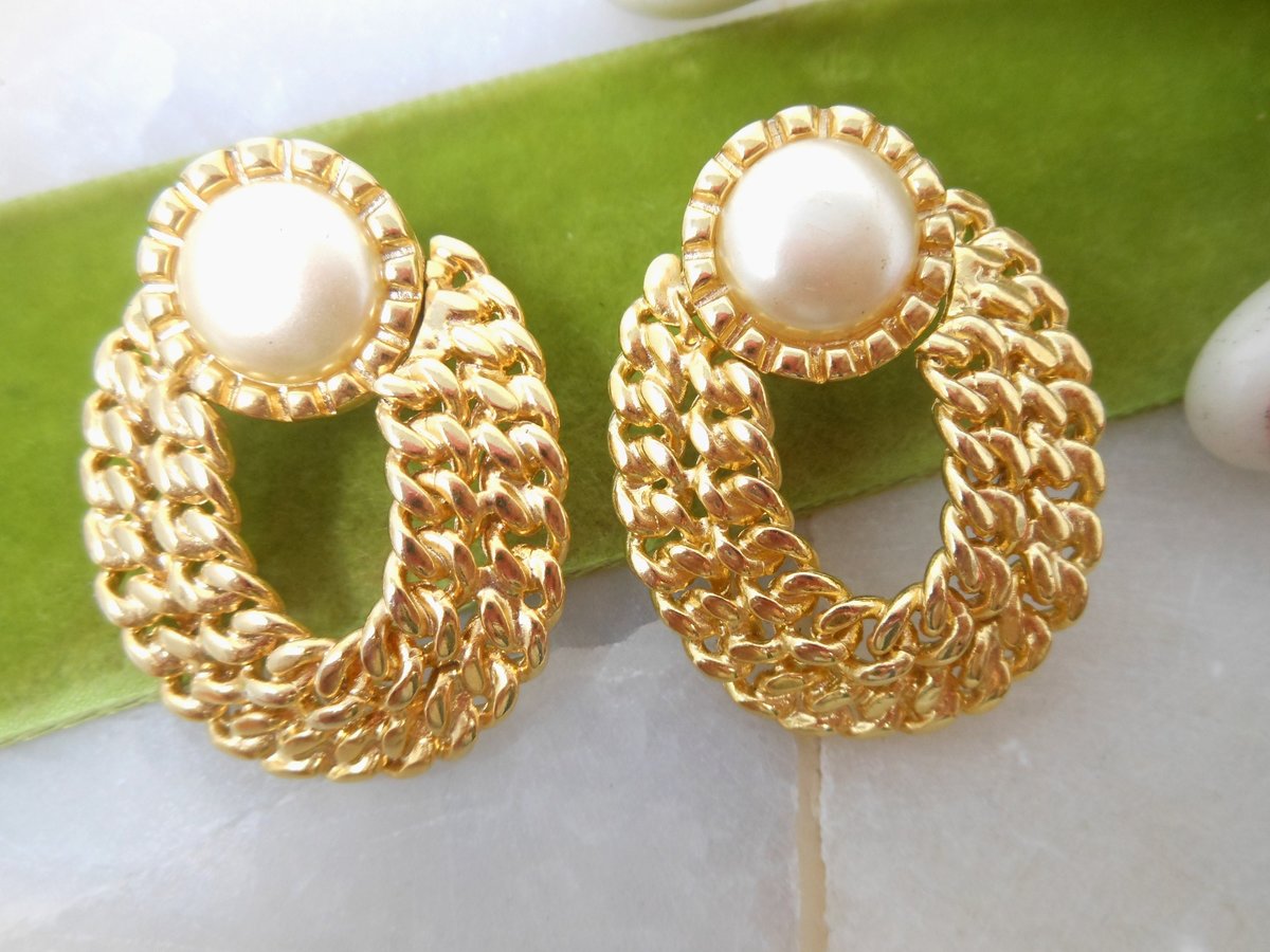 Vintage KENNETH Jay LANE KJL Earrings Dangle Drop Door Knocker Gold Plate Pearl Designer Pierced Jewelry Gift, VivianJoel.com