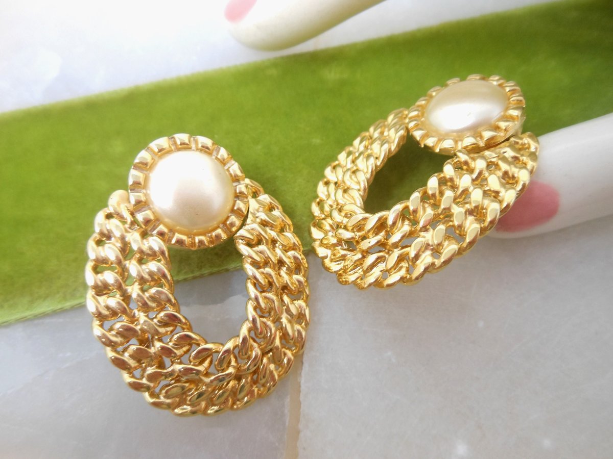 Vintage KENNETH Jay LANE KJL Earrings Dangle Drop Door Knocker Gold Plate Pearl Designer Pierced Jewelry Gift, VivianJoel.com