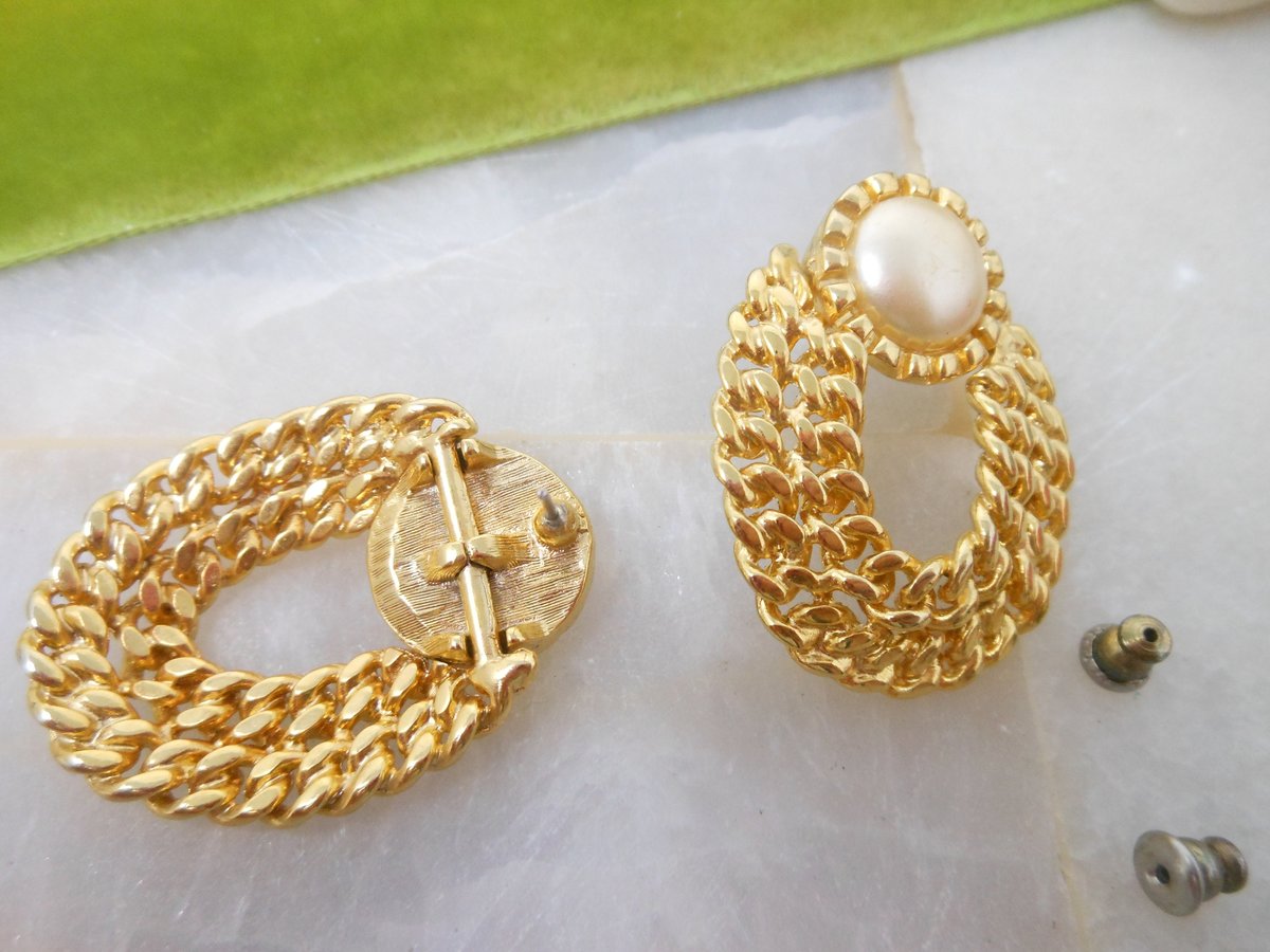 Vintage KENNETH Jay LANE KJL Earrings Dangle Drop Door Knocker Gold Plate Pearl Designer Pierced Jewelry Gift, VivianJoel.com