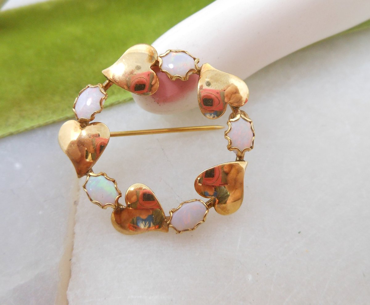 Vintage WINARD Opal Brooch Gold Fill Pin Petite Leaf Wreath Infinity Gemstone Circle GF Designer Mid Century Jewelry Gift, VivianJoel.com