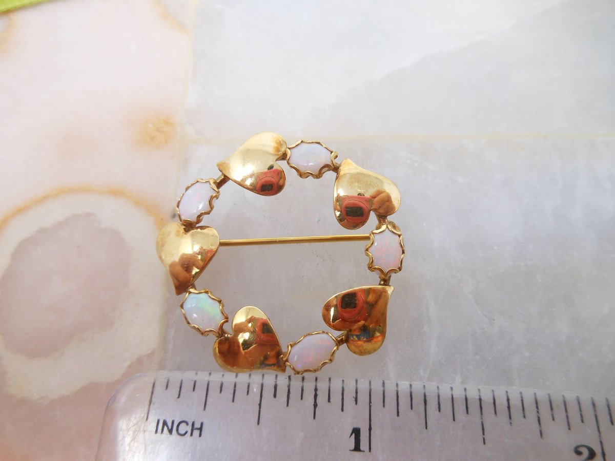 Vintage WINARD Opal Brooch Gold Fill Pin Petite Leaf Wreath Infinity Gemstone Circle GF Designer Mid Century Jewelry Gift, VivianJoel.com