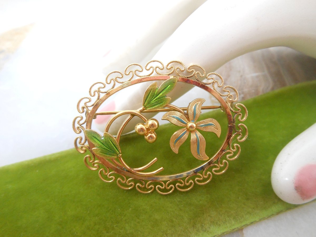 Vintage VAN DELL Ornate Brooch Filigree Pin Flower Enamel Delicate Gold Fill GF Designer Mid Century Jewelry Gift, VivianJoel.com