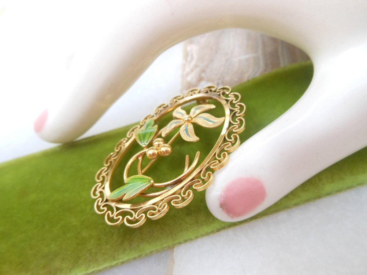Vintage VAN DELL Ornate Brooch Filigree Pin Flower Enamel Delicate Gold Fill GF Designer Mid Century Jewelry Gift, VivianJoel.com