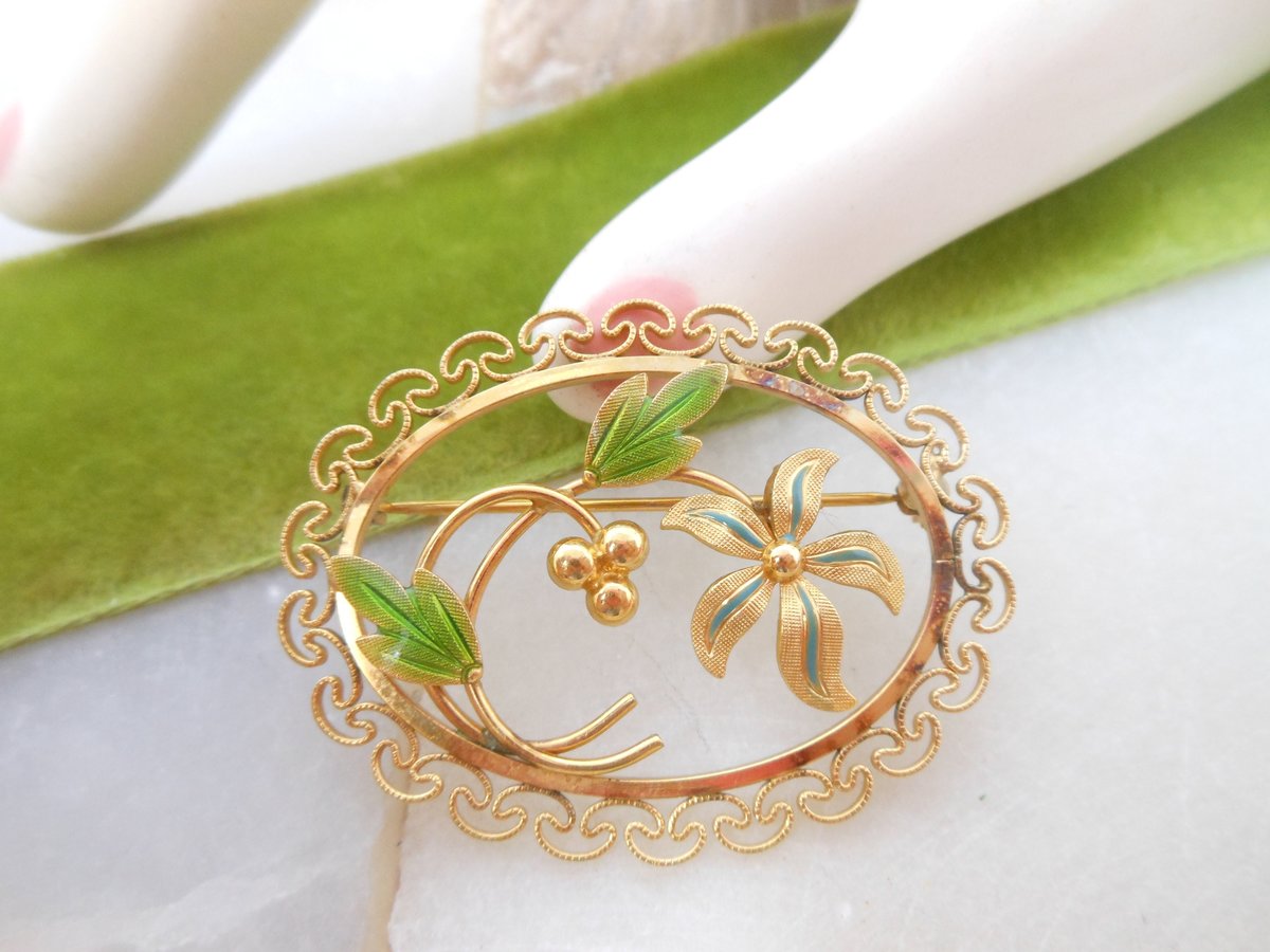 Vintage VAN DELL Ornate Brooch Filigree Pin Flower Enamel Delicate Gold Fill GF Designer Mid Century Jewelry Gift, VivianJoel.com