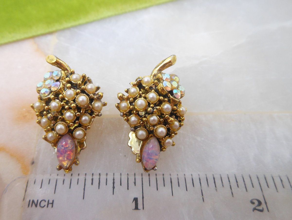 Vintage Ornate Opal Pearl Earrings Clip On Victorian Renaissance Revival Rhinestone Mid Century Jewelry Gift,  VivianJoel.com