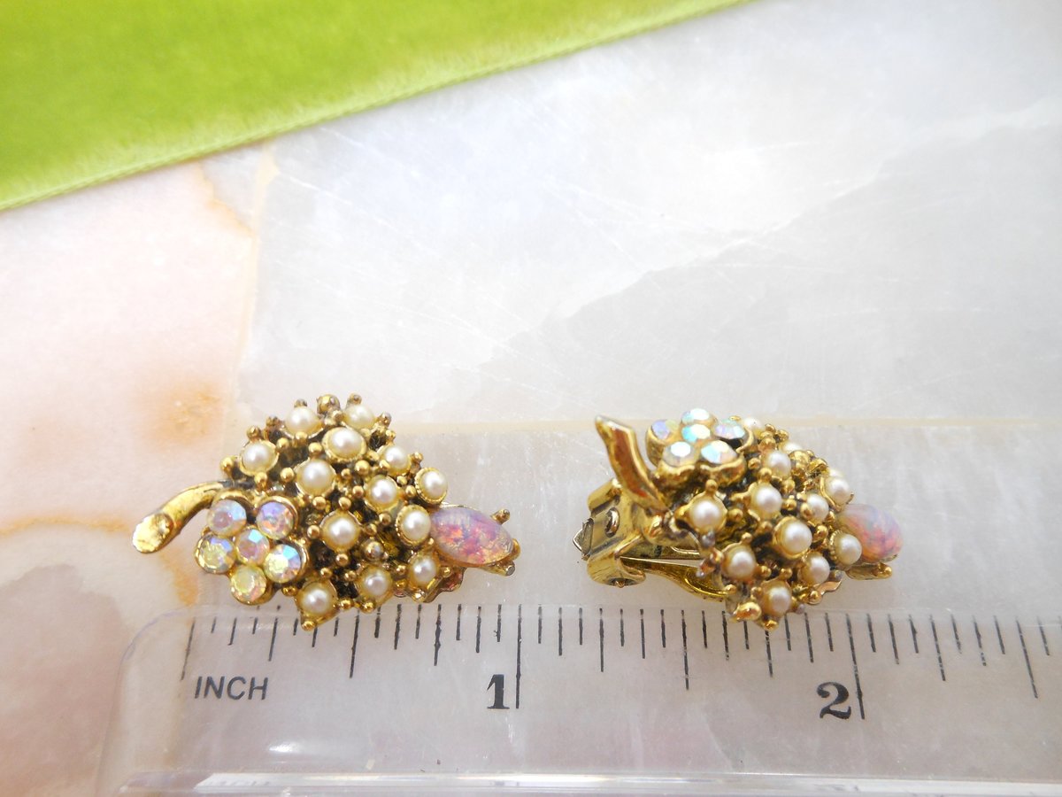 Vintage Ornate Opal Pearl Earrings Clip On Victorian Renaissance Revival Rhinestone Mid Century Jewelry Gift,  VivianJoel.com