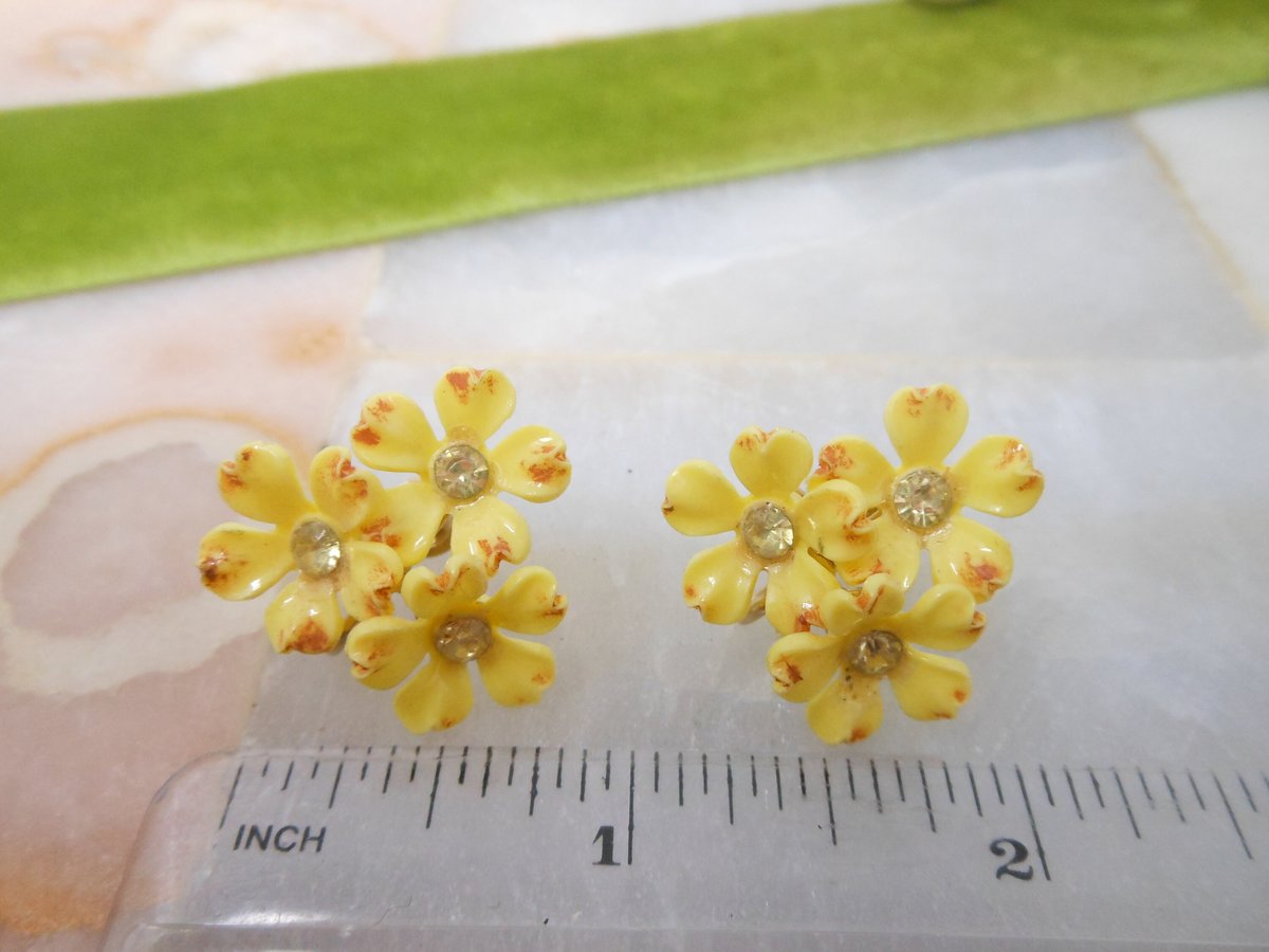 Vintage CORO Yellow Flower Earrings Plastic Rhinestone Daisy Screw Back Kitsch Designer Jewelry Gift Mid Century, VivianJoel.com