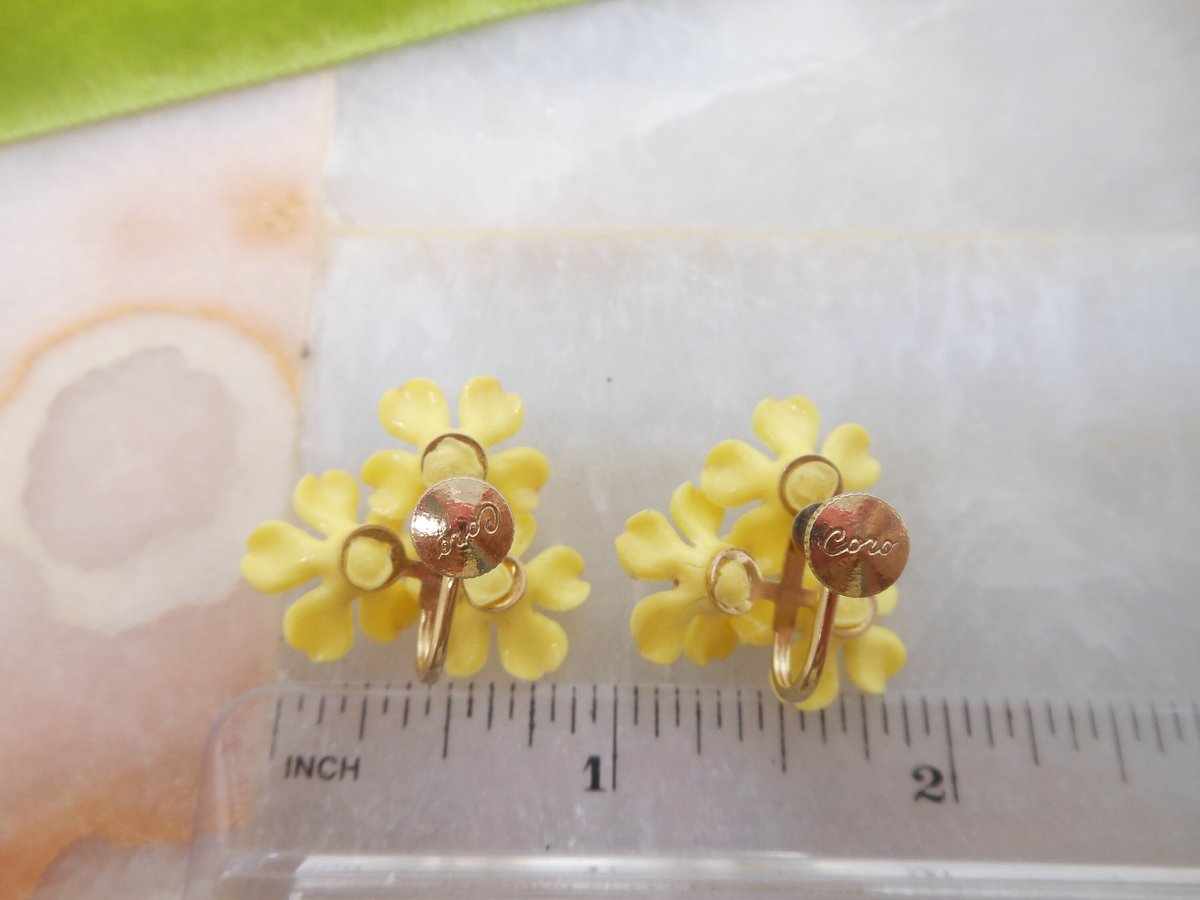 Vintage CORO Yellow Flower Earrings Plastic Rhinestone Daisy Screw Back Kitsch Designer Jewelry Gift Mid Century, VivianJoel.com