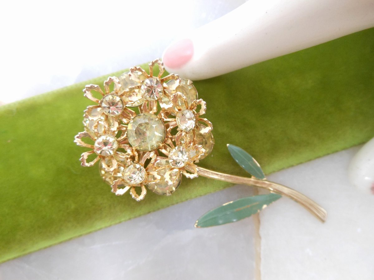 Vintage Citrine Flower Brooch Pale Yellow Rhinestone Pin Crystal Jewelry Gift Mid Century, VivianJoel.com
