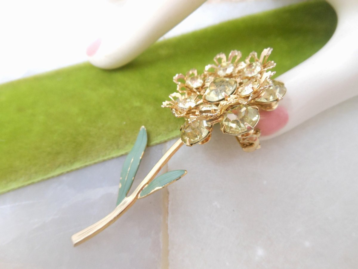 Vintage Citrine Flower Brooch Pale Yellow Rhinestone Pin Crystal Jewelry Gift Mid Century, VivianJoel.com