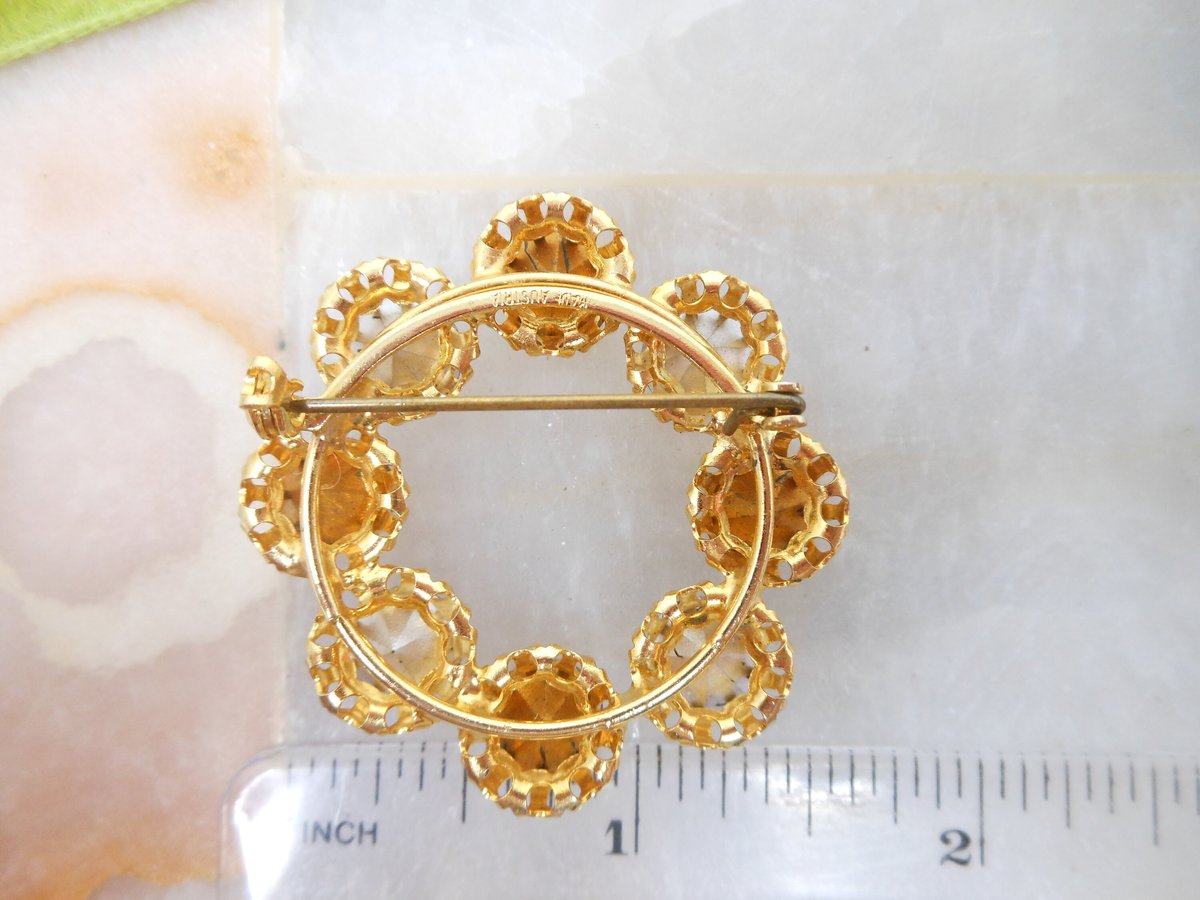 Vintage AUSTRIA Crystal Wreath Designer Rhinestone Pin Brooch Red Aurora Borealis Ornate Mid Century Jewelry Gift, VivianJoel.com