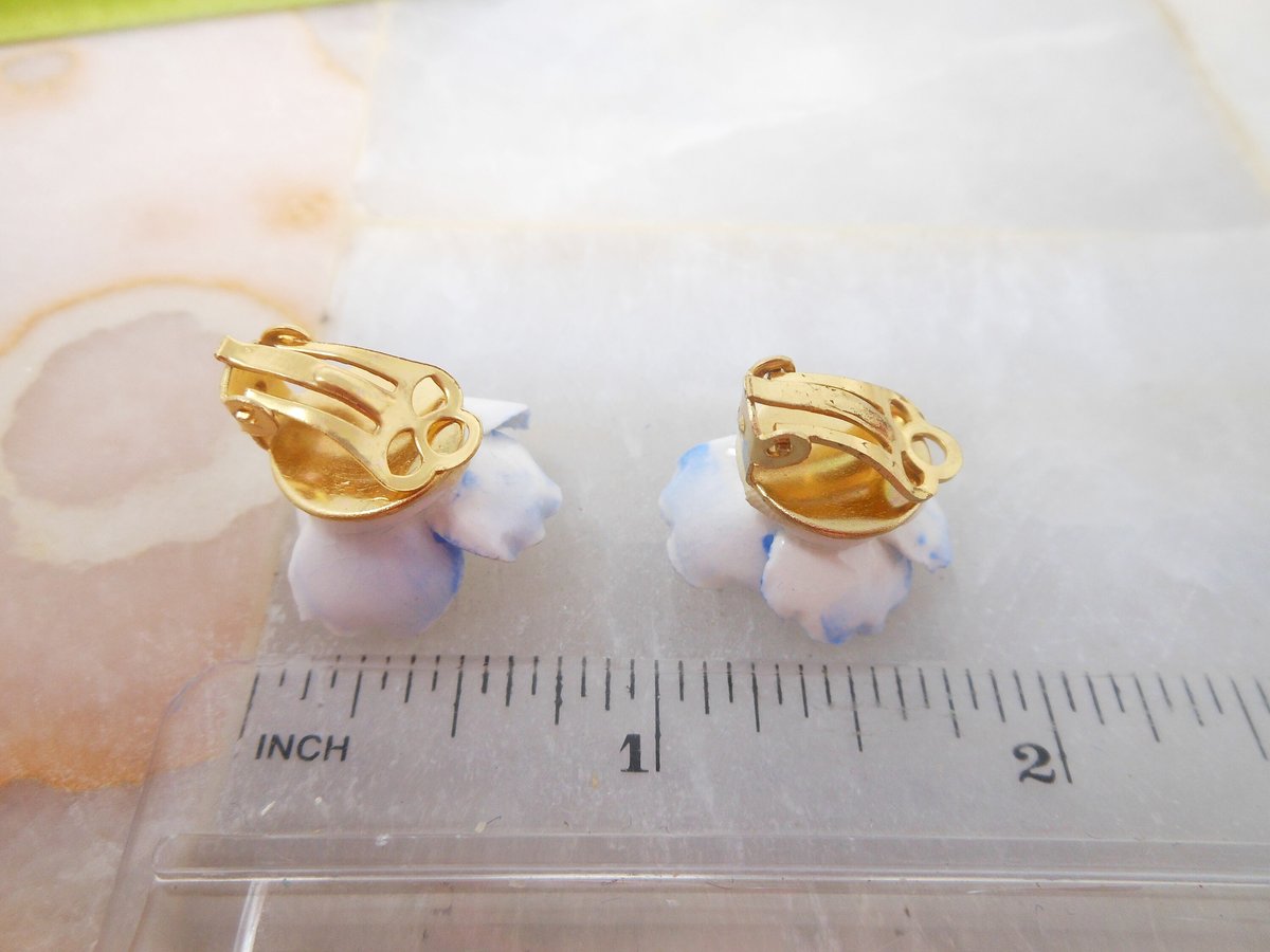 Vintage ROYAL ADDERLEY Blue Flower Earrings Bone China England Clip On Original Box Jewelry Gift Wedding Mid Century, VivianJoel.com