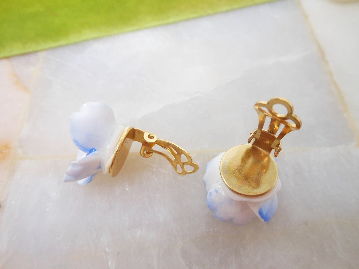 Vintage ROYAL ADDERLEY Blue Flower Earrings Bone China England Clip On Original Box Jewelry Gift Wedding Mid Century, VivianJoel.com