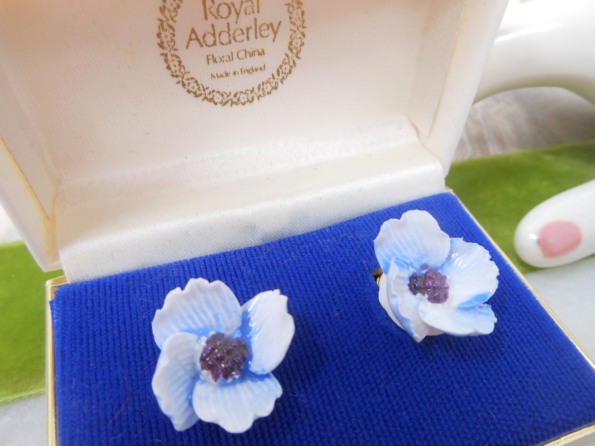 Vintage ROYAL ADDERLEY Blue Flower Earrings Bone China England Clip On Original Box Jewelry Gift Wedding Mid Century, VivianJoel.com