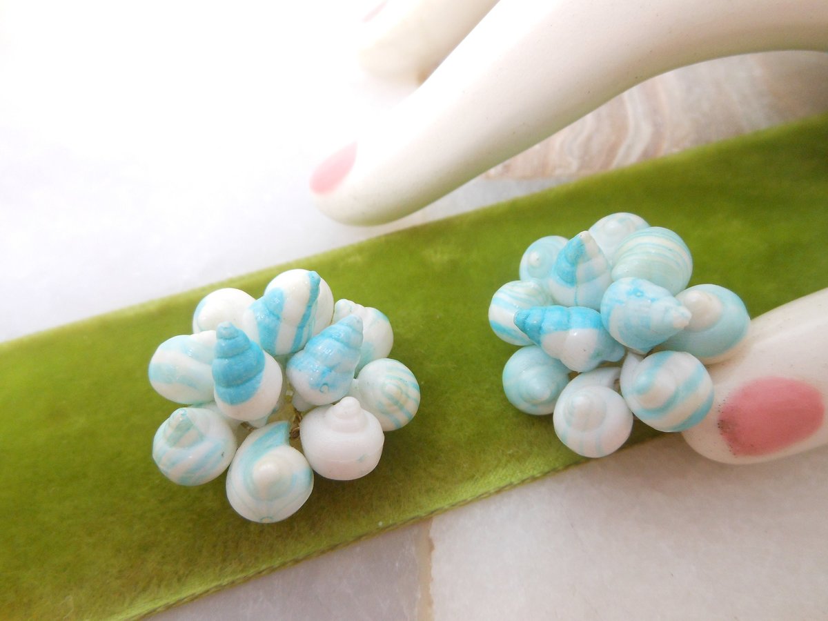 Vintage WEST GERMANY Earrings Blue Seashell Cluster Bead Designer Plastic Jewelry Mid Century, VivianJoel.com