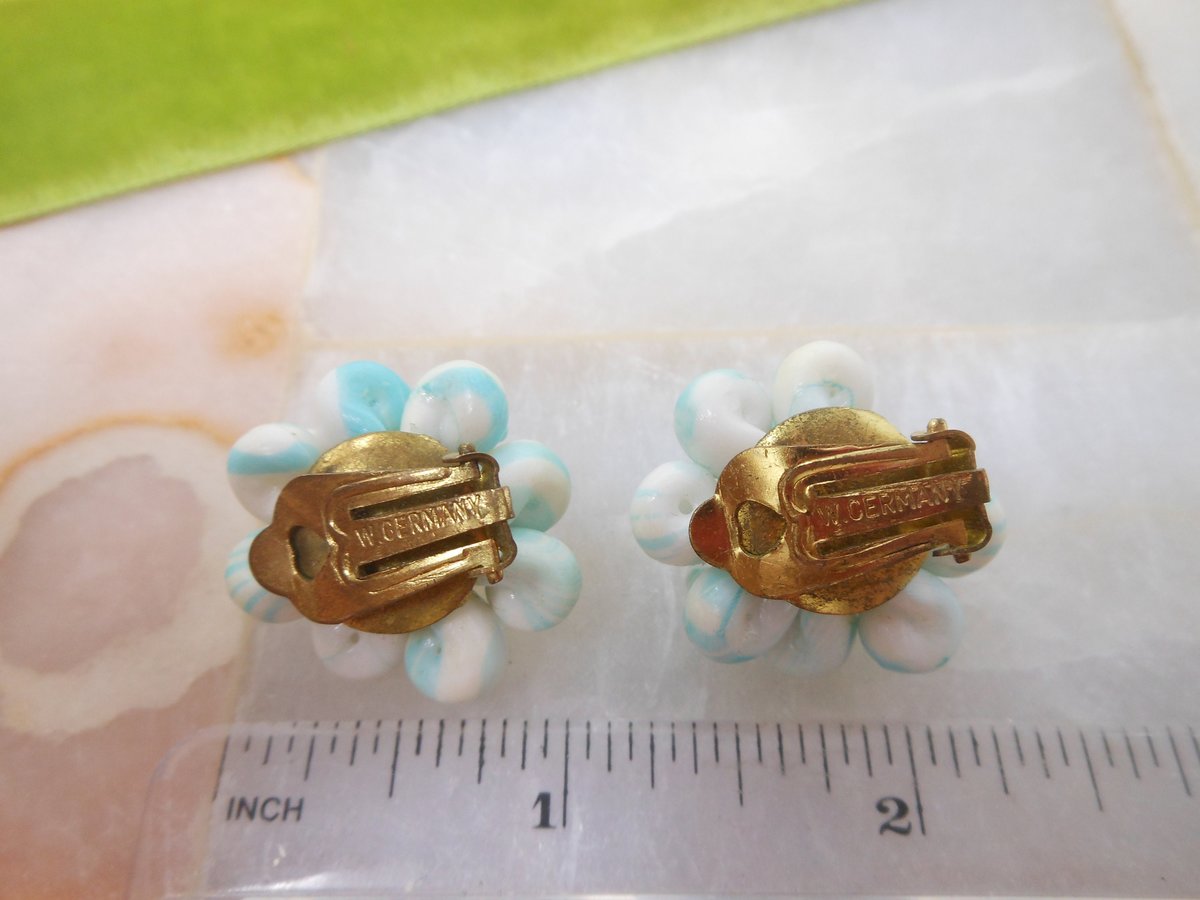 Vintage WEST GERMANY Earrings Blue Seashell Cluster Bead Designer Plastic Jewelry Mid Century, VivianJoel.com