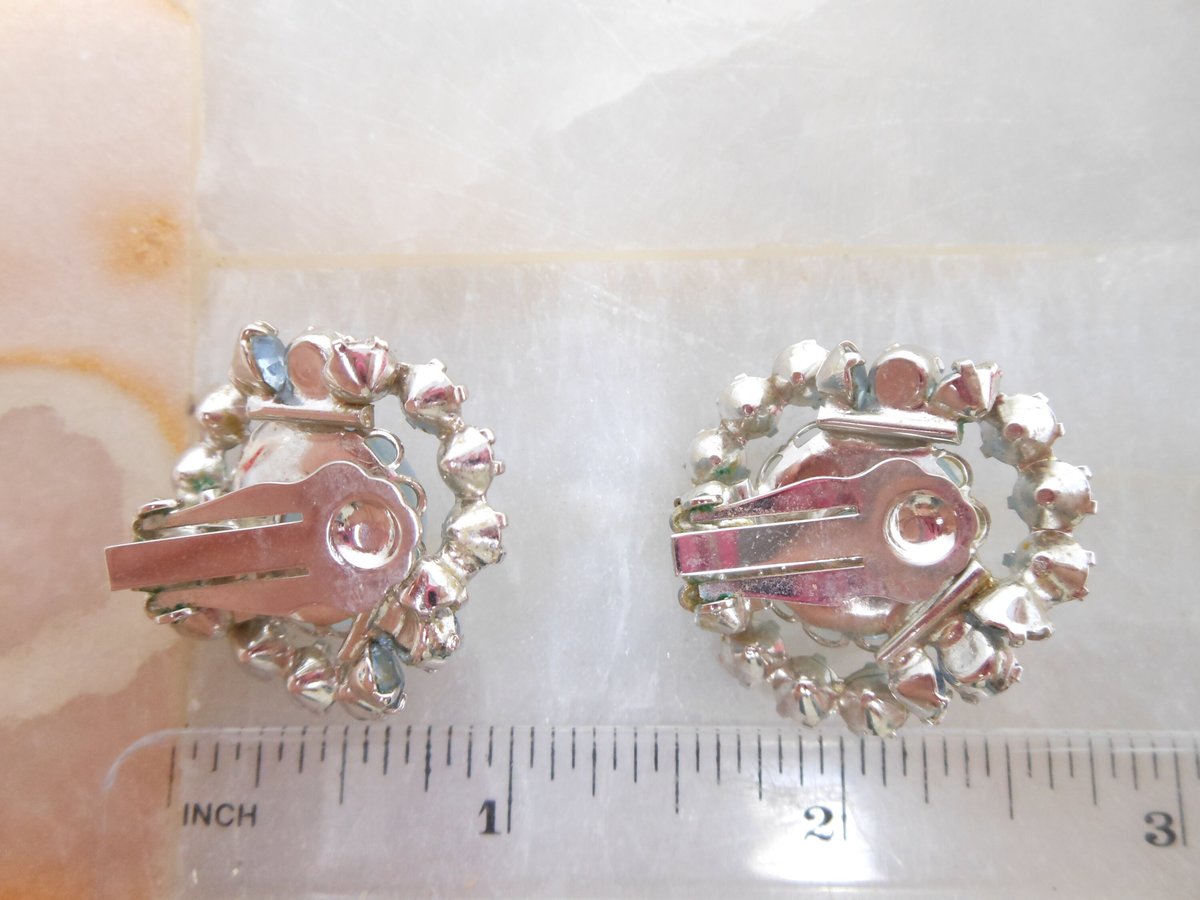 Vintage Blue Rhinestone Earrings Flower Moonglow Clip On Statement Glam Jewelry Gift Mid Century, VivianJoel.com