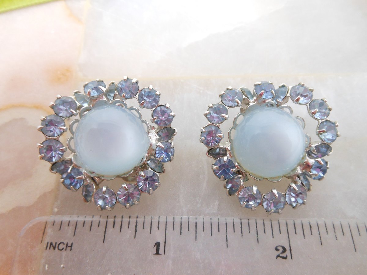 Vintage Blue Rhinestone Earrings Flower Moonglow Clip On Statement Glam Jewelry Gift Mid Century, VivianJoel.com