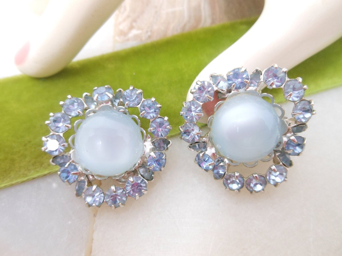 Vintage Blue Rhinestone Earrings Flower Moonglow Clip On Statement Glam Jewelry Gift Mid Century, VivianJoel.com