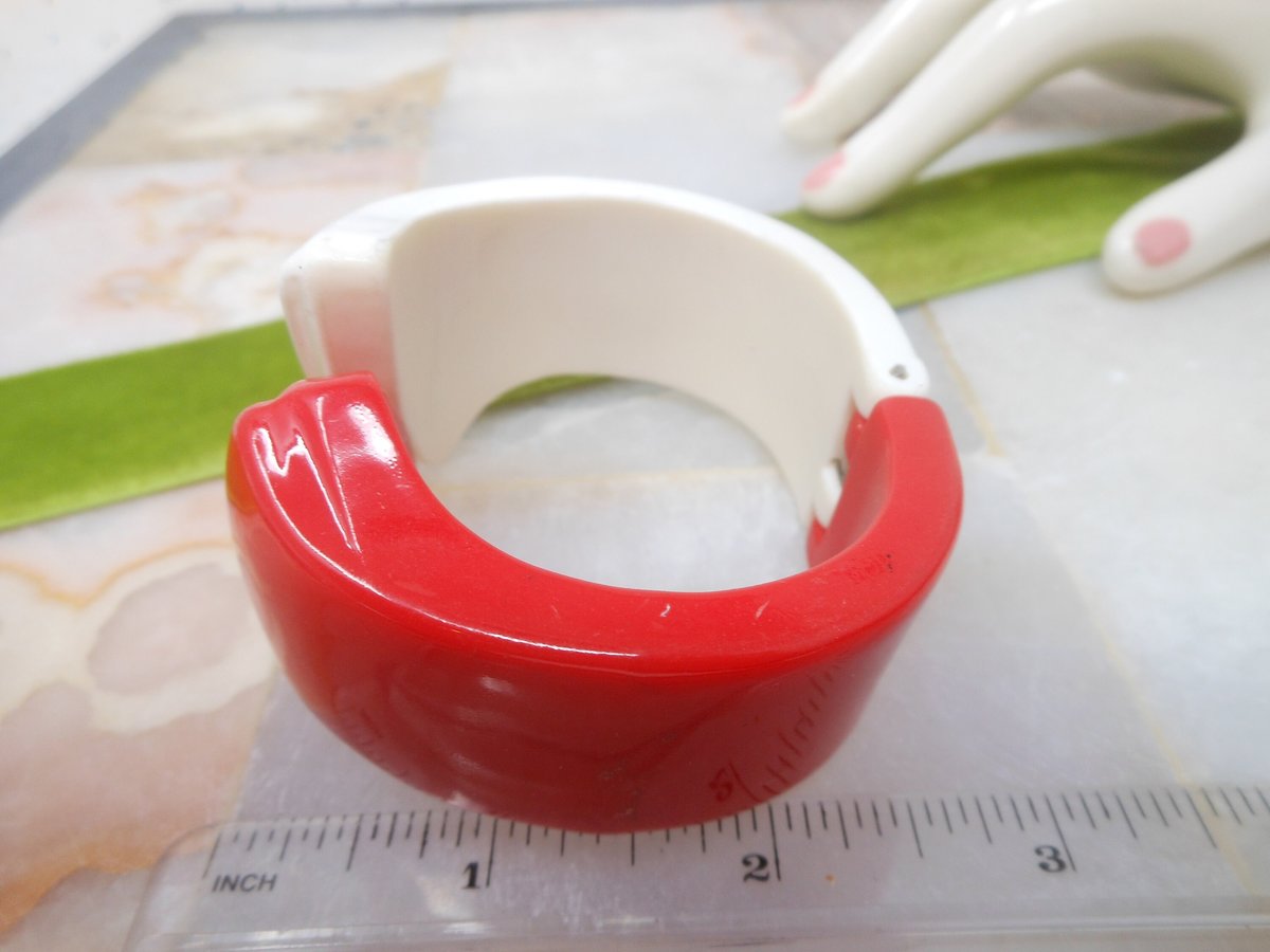Vintage Lucite Cherry Red Bracelet White Old Plastic Rockabilly Chunky Resin Clamper Cuff Jewelry Gift Mid Century, VivianJoel.com
