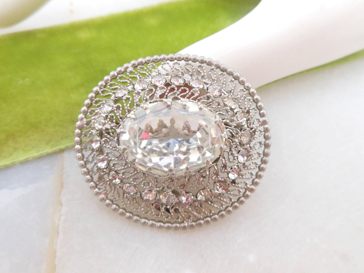 Vintage AUSTRIA Ornate Filigree Crystal Pin Brooch Clear Rhinestone Victorian Renaissance Revival Mid Century Jewelry Gift, VivianJoel.com