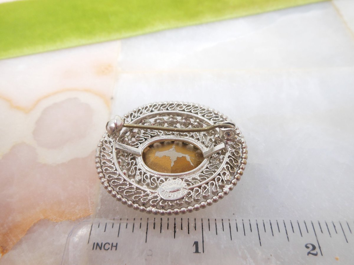 Vintage AUSTRIA Ornate Filigree Crystal Pin Brooch Clear Rhinestone Victorian Renaissance Revival Mid Century Jewelry Gift, VivianJoel.com