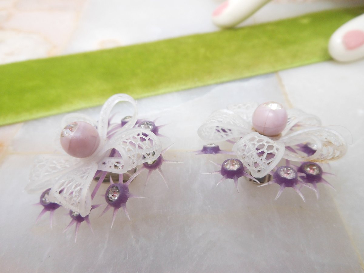 Vintage WEST GERMANY Earrings Purple Flower Plastic Starburst Rhinestone Bow Designer Clip On Jewelry Mid Century, VivianJoel.com